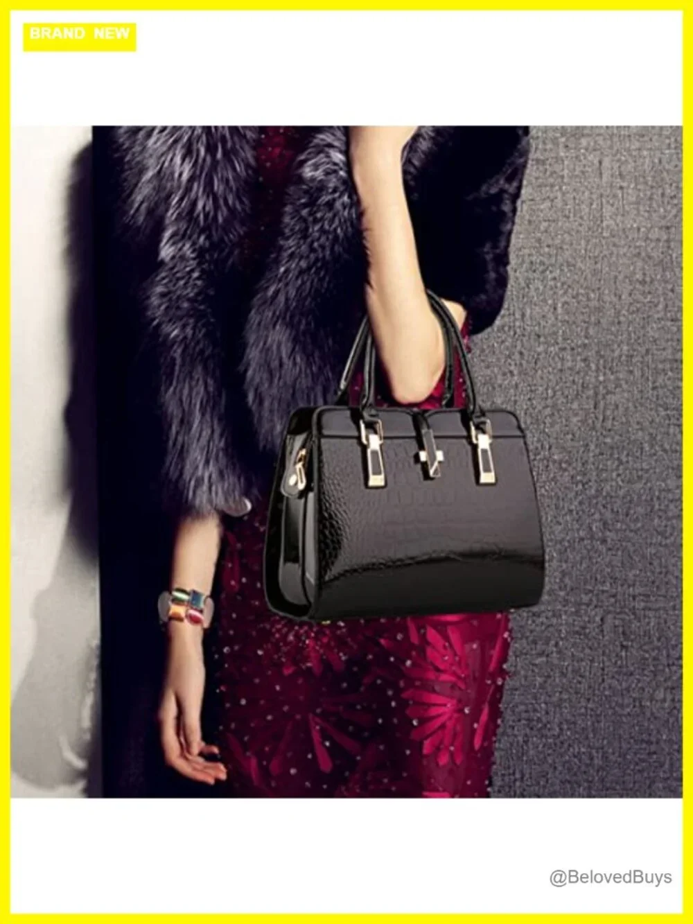 Patent Leather Satchel Handbag Women Tote Crocodile Pattern Top-Handle Shoulder